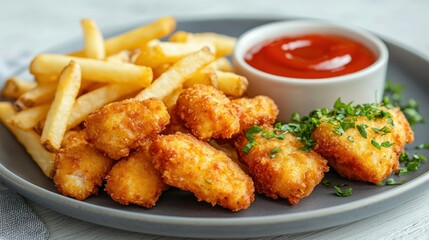 Fototapeta premium Crispy Chicken Tenders and French Fries on Gray Plate, Restaurant Style