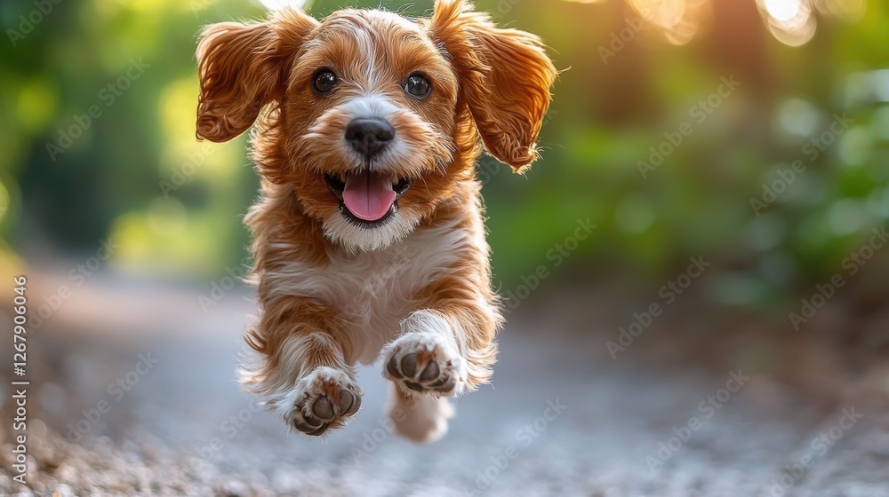 Poster a joyful puppy leaps through a sunlit path in a natural setting.