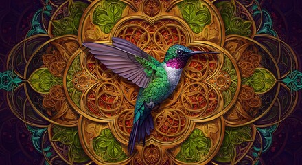 Fototapeta premium Hummingbird Flying in Front of Golden Ornate Mandala Background Art