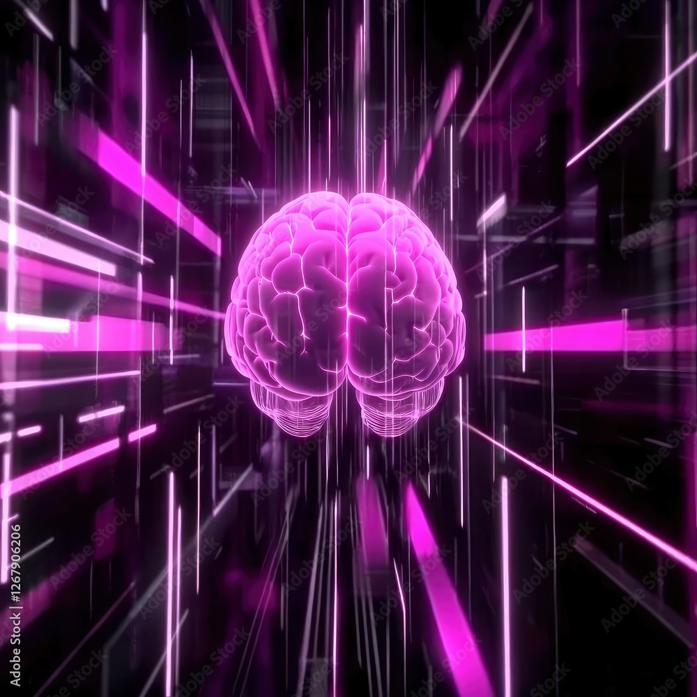 Poster human brain in a digital network tunnel abstract concept of artificial intelligence and neural
