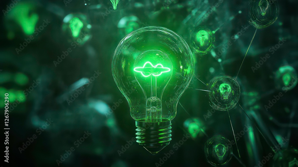 Poster green lightbulb idea concept in dark background