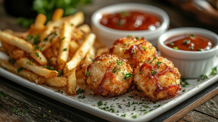 Crispy fried food platter with french fries and dipping sauces on rustic wood