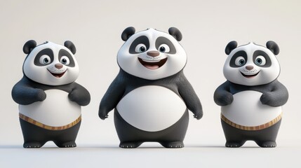 Obraz premium Three cartoon pandas are standing in a row, with one of them being the tallest. They all have big smiles on their faces, giving the impression that they are happy and enjoying themselves