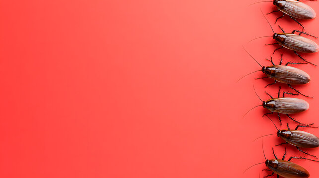 Line of Crawling Insects on Orange Backdrop. Pest control concept. Bug infestation. Unhygienic condition. Insects isolated on colored background. Close-up.