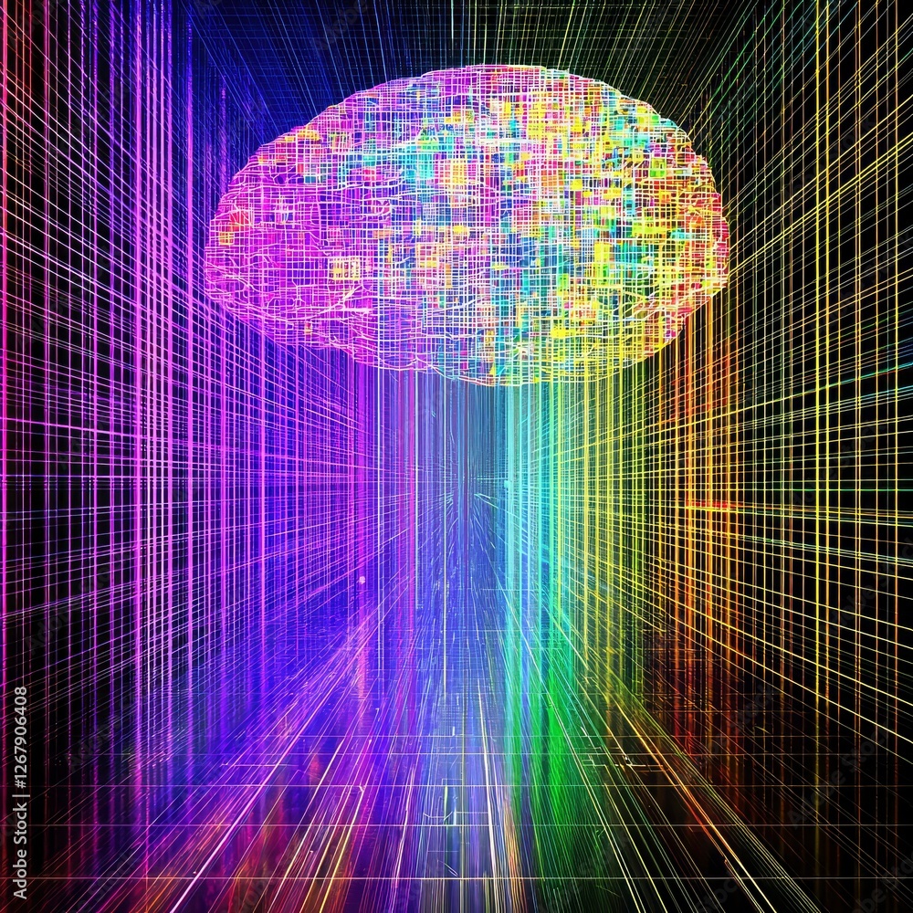 Poster abstract digital brain network colorful neural pathways in cyberspace