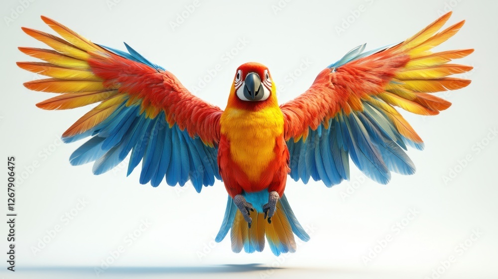 Poster a colorful parrot with its wings spread wide is flying in the air. the bird's bright colors and the 