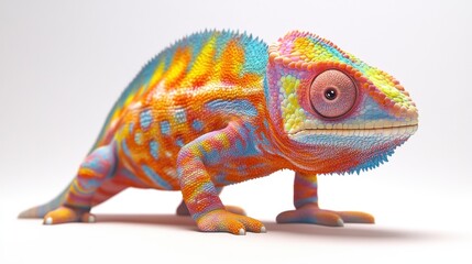 Obraz premium A colorful chameleon with a bright orange head and blue and yellow legs. The chameleon is standing on a white background