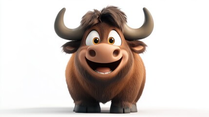 A cartoon cow with big horns and a big smile. The cow is looking at the camera and he is happy
