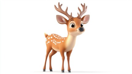 Fototapeta premium A cartoon deer with antlers stands on a white background. The deer has a happy expression on its face