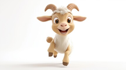 A cartoon goat is running and smiling. The goat is white and has a big smile on its face