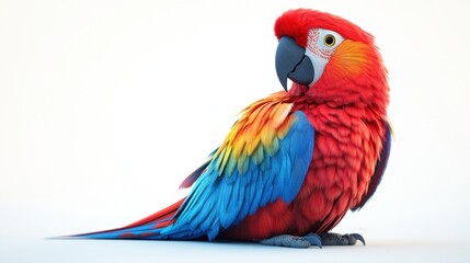 Obraz premium A colorful parrot is sitting on a white background. The bird is bright and lively, with its feathers displaying a vibrant mix of red, blue, and yellow. Concept of joy and liveliness