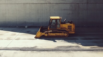 Yellow bulldozer parked near concrete wall.