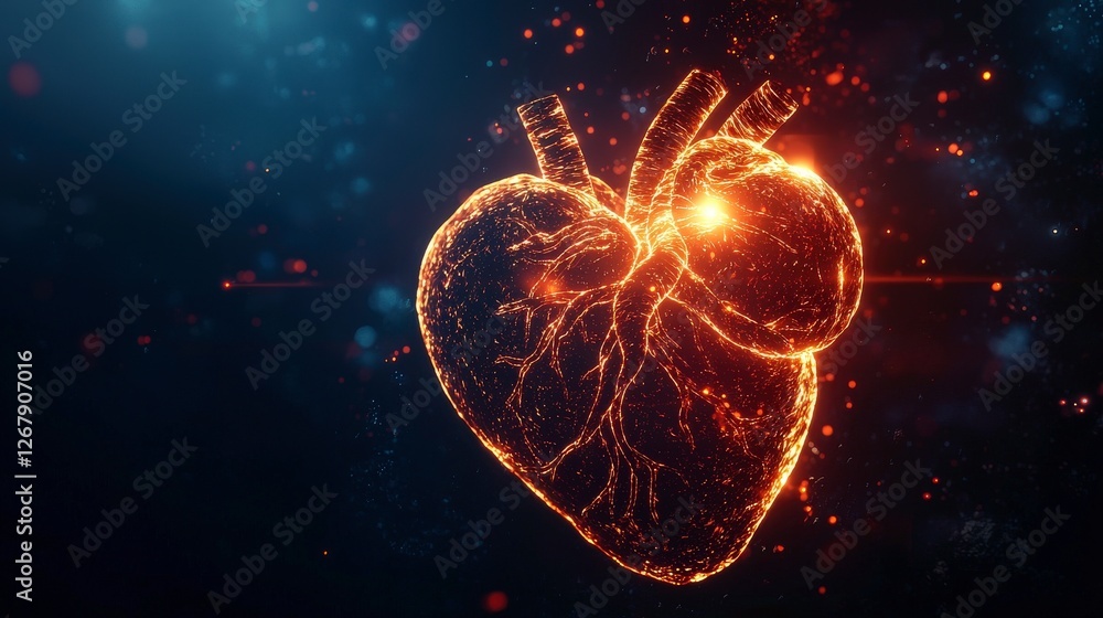 Poster a mesmerizing digital representation of a glowing heart with intricate details and vibrant particles