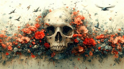 A Human Skull Adorned With Vivid Flowers and Birds in Flight