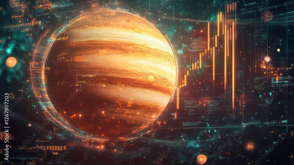 Poster jupiter planet digital art with stock market data, possible use for space exploration, stock market,
