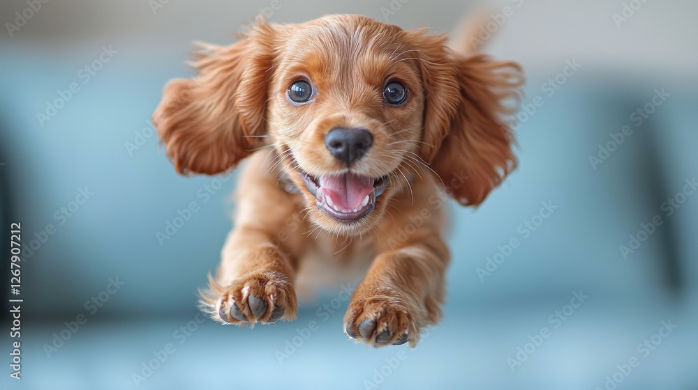 Poster a playful puppy joyfully leaps through the air with a cheerful expression.