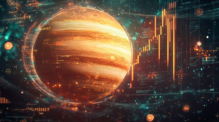 Jupiter planet digital art with stock market data, possible use for space exploration, stock market, or technology