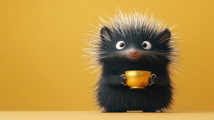 A cartoonish black and white hedgehog holding a gold cup. The cup is placed on the hedgehog's back, and the hedgehog is looking up at the camera. The image has a whimsical and playful mood