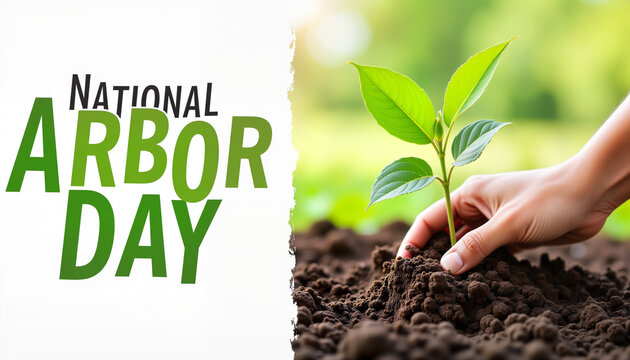 Hand planting sapling for National Arbor Day in green background