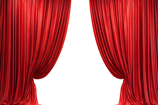 Open Red stage curtain, photo, png isolated on transparent background