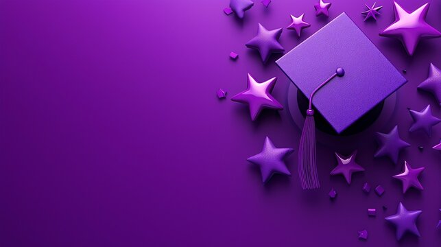Purple graduation cap, stars, celebration