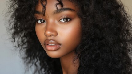 A woman with long, curly hair and a dark complexion. She has a nice smile and is looking at the camera