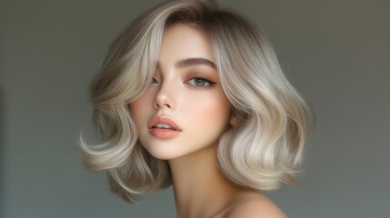 Fototapeta premium A woman with blonde hair and a light makeup look. She has a short haircut. The image has a light and casual mood