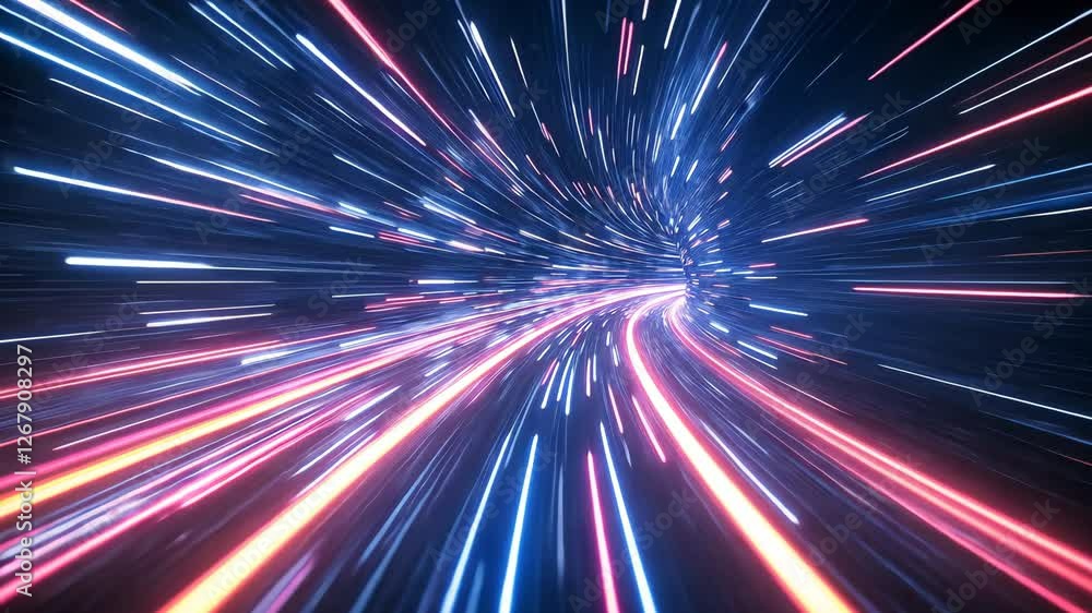 Poster dynamic display of colorful light trails creates futuristic, high speed motion in abstract, dark spa