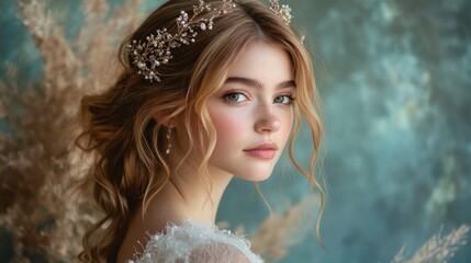 Naklejka premium A woman with long blonde hair and a flowery headband. She is wearing a white dress and has a pretty smile