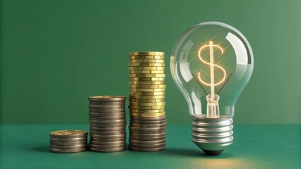 Innovative Investment in Green Energy with Financial Growth Represented by a 3D Stack of Coins and a Light Bulb Emphasizing Economic Sustainability