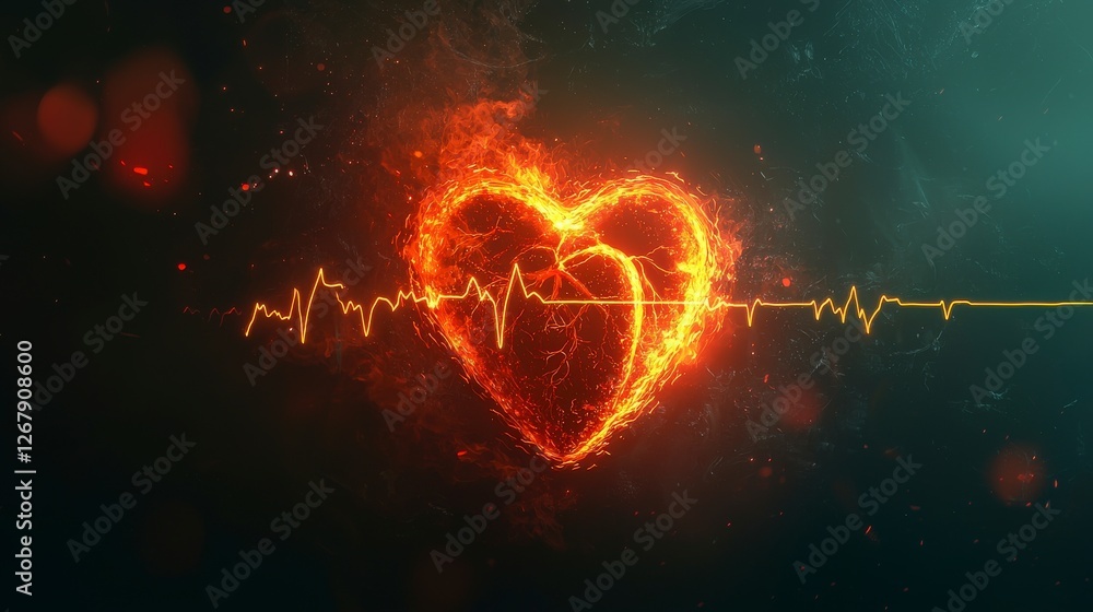 Poster a pair of intertwined flaming hearts with a heartbeat line, illustrating the deep connection and uni