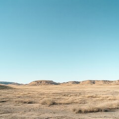 Naklejka premium Arid Desert Landscape under a Clear Blue Sky on a Sunny Day with Rolling Hills and Sparse Vegetation