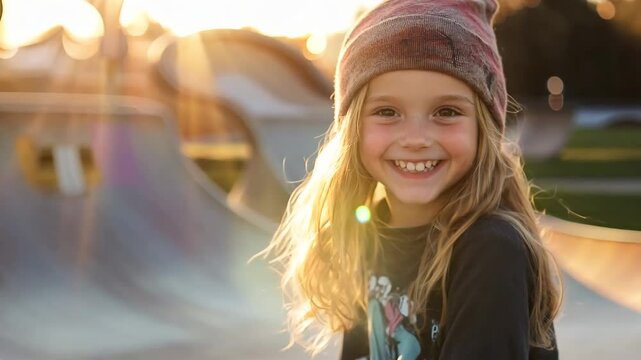 A cheerful young girl with long blonde hair and a beanie smiles brightly while holding her skateboard at a skate park. The golden sunlight enhances the warm and carefree atmosphere, capturing the fun 