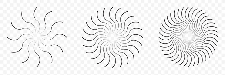 Radial circle lines. Circular radiating lines geometric element. Sun star rays symbol. Abstract geometric shapes. Design element. Vector illustration isolated on transparent background. EPS 10.