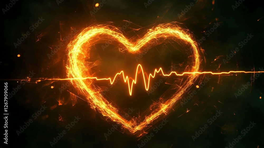 Poster a stunning visual of a heart crafted from flames, featuring a pulsating line that represents life an