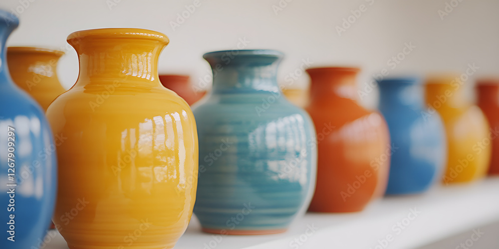 Poster a vibrant arrangement of vases in a spectrum of colors adds a touch of artistic flair to a minimalis