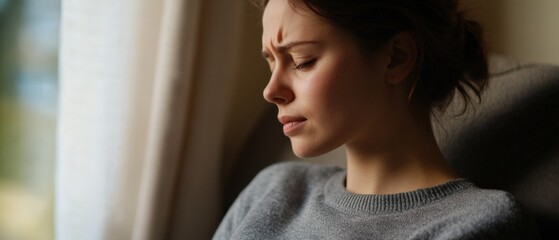 woman with concerned expression looks down