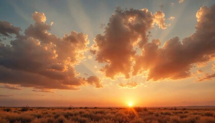 Dramatic Sunset Over Desert with Cloud Rays