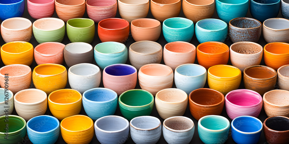 Poster array of colorful ceramic containers. the image shows rows of containers with a black background and