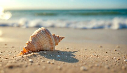 Seashell on Sandy Beach with Blurred Ocean
