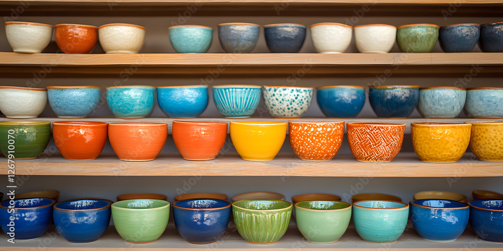 Poster shelves display an array of colorful ceramic bowls. the bowls are neatly organized, creating a visua