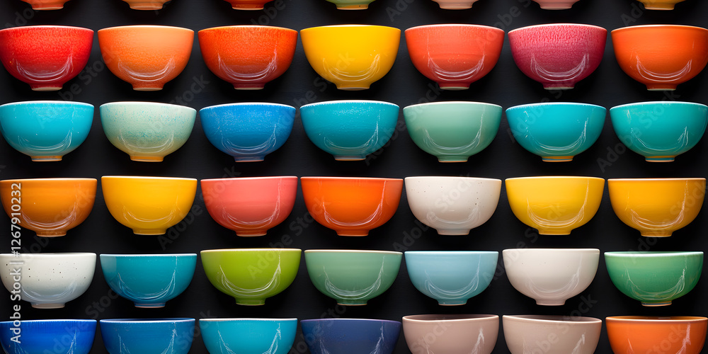 Poster vibrant ceramic bowls: an array of colorful glazed ceramic bowls are arranged in a captivating patte