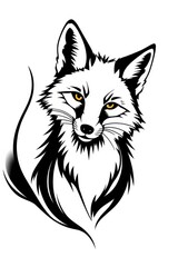 Obraz premium A stylish black and white fox with striking yellow eyes stands out against a clean, white background.