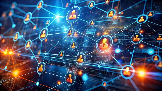 Digital Network with Interconnected User Icons & Glowing Orange-Blue Lines – Futuristic Social Connectivity and Virtual Community

