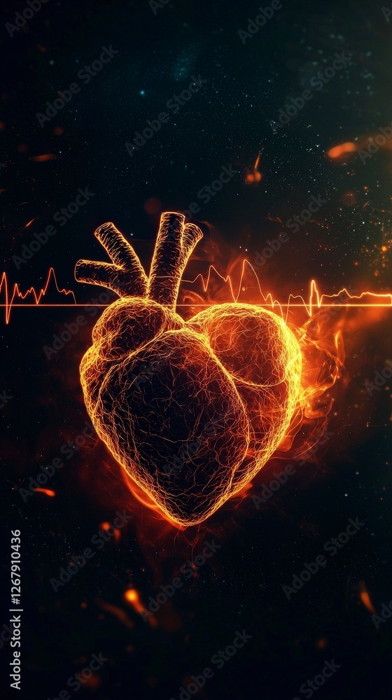 Poster an electrifying representation of a heart showcasing dynamic waveforms, capturing the vital energy t
