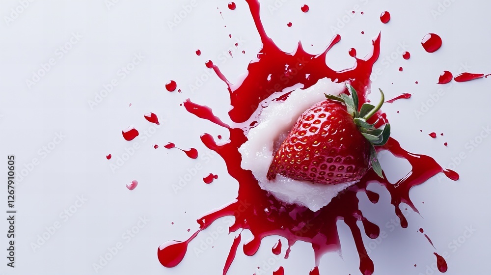 Poster a single strawberry explodes in a vibrant burst of red, creating a visually striking image.