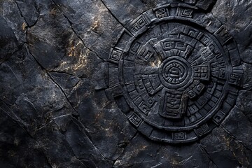 Obraz premium Intricate stone carving on dark, textured rock.