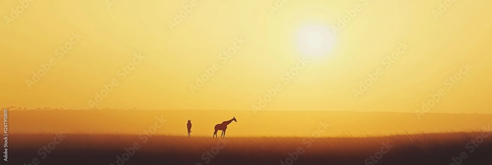 Aufkleber Sunset silhouette of a person and a giraffe in an open landscape during golden hour. Generative AI