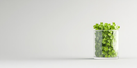 Fototapeta premium A clear glass container is filled with clover leaves, casting delicate shadows on a blank, neutral background. Perfect for adding a touch of green to any setting.