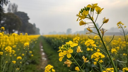 Obraz premium Mustard plant with yellow mustard flower photo blur